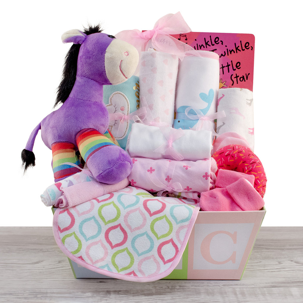 Pink Baby Girl Baby Gift Basket with Giraffe Plush Toy (0-3 Months) | Baby  girl gift baskets, Baby gifts, Baby shower gifts